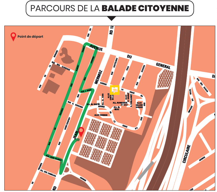 Parcours de la balade citoyenne du quartier Larue avec un tracé vert et le nom des rues.